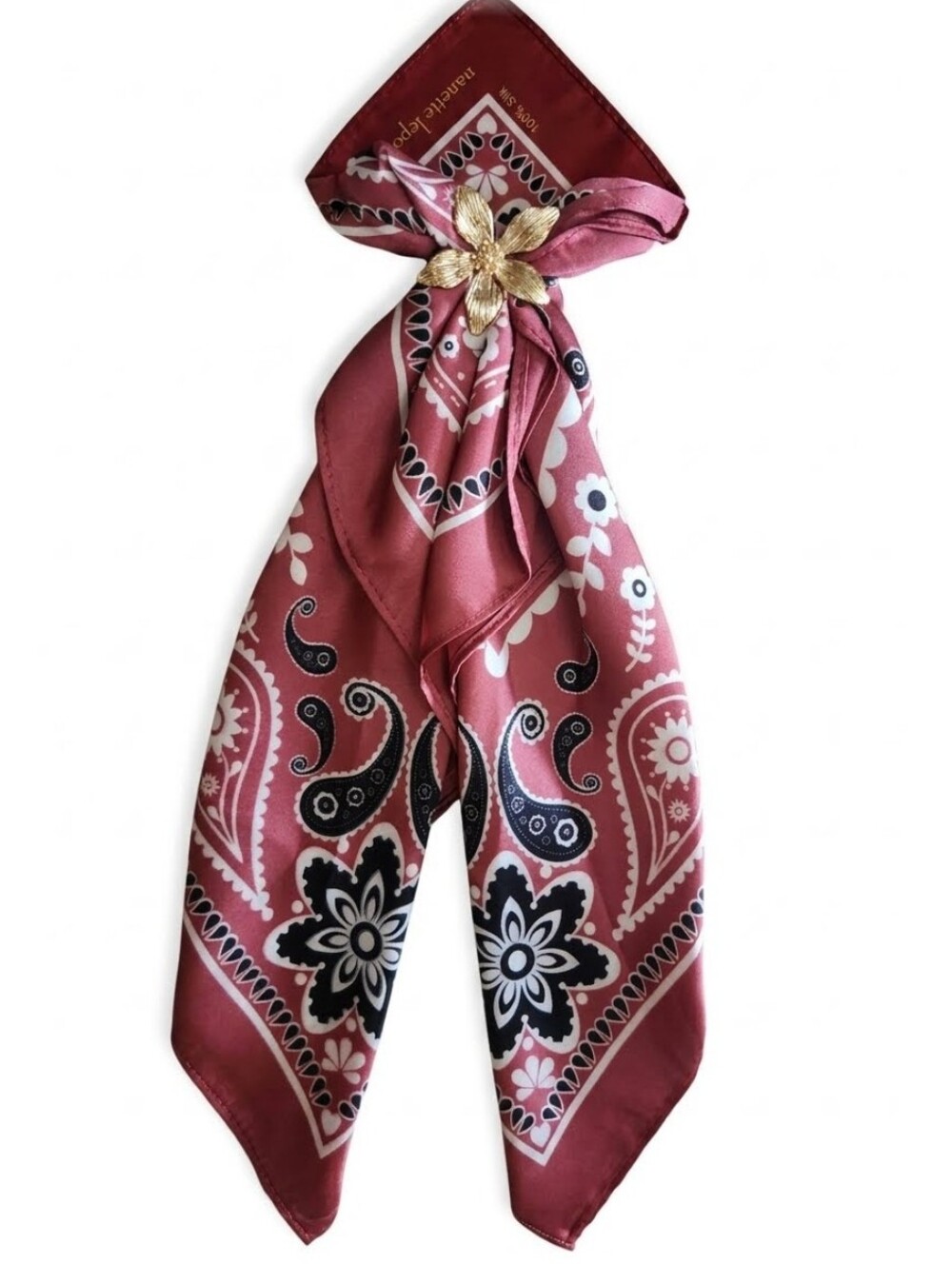 NWT Nanette Lepore Silk Feel Square Scarf With Gold Tone Floral Brooch 21 X 21